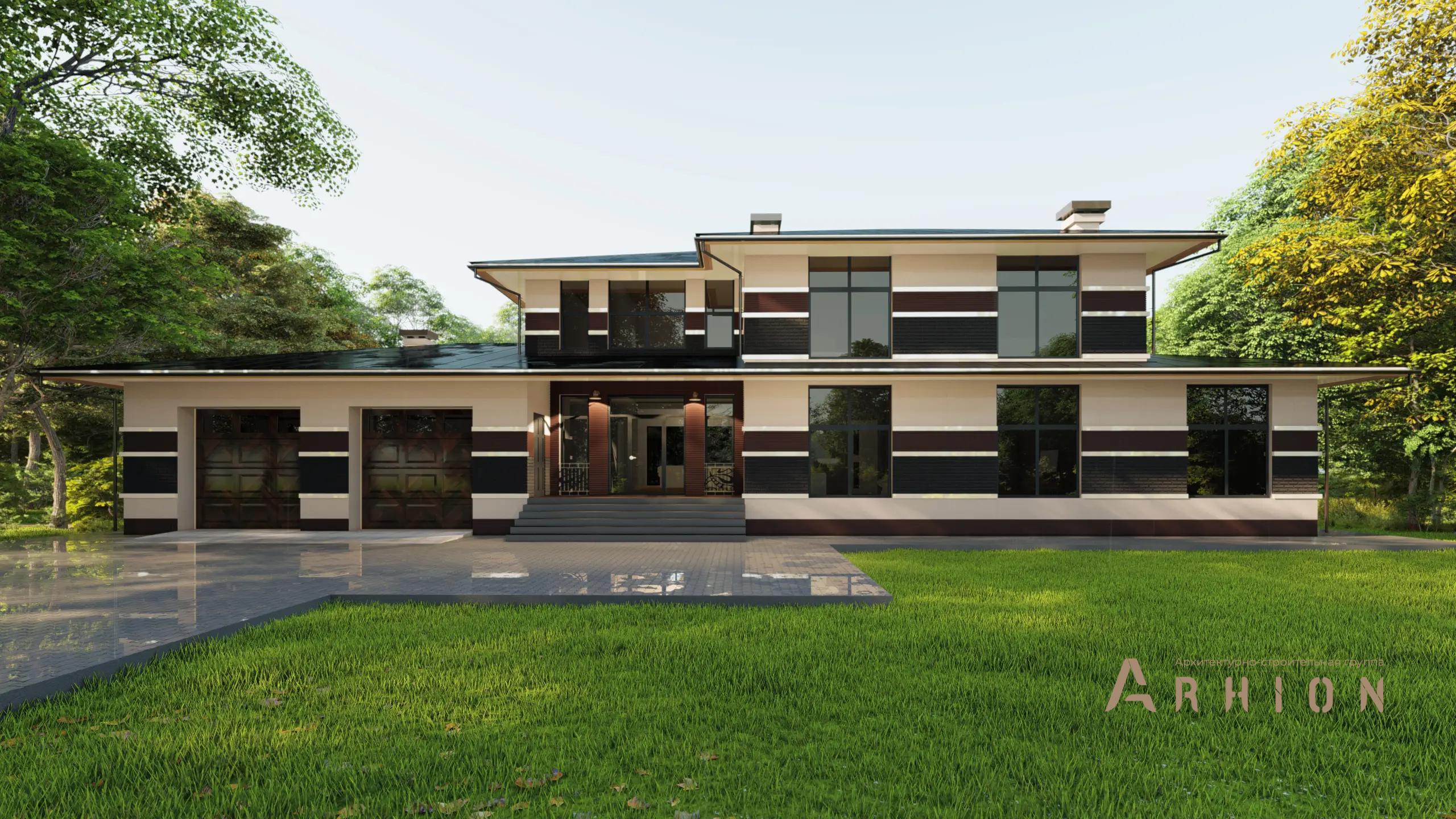 6. Проект двухэтажного дома в стиле Ллойда Райта (прерий) с многоскатной кровлей, H-1136, площадью - 493 кв c сауной, терассой, гаражом, бассейном